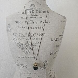 Vintage Neiman Marcus Dark Green Crystal Acorn Long Chain Necklace Gold Plated